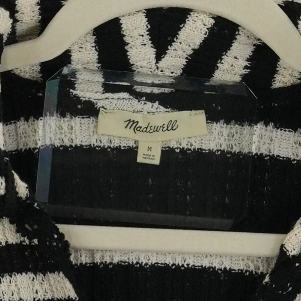 Madewell Polo Sweater Women's Size Medium Black White Striped V Neck Knit Top